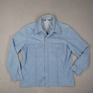Vintage Tobias Light Wash Denim Western Snap Shirt Mens XL Blue 70s Disco Collar